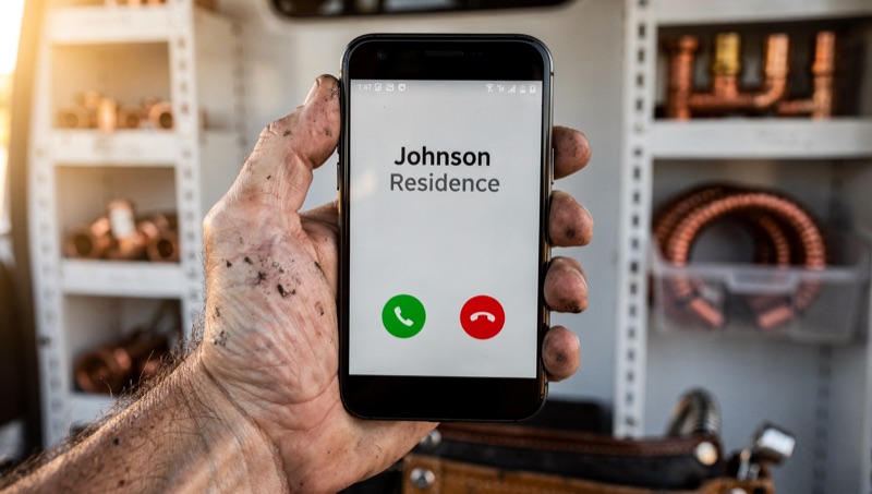 Contractor with weathered, work-worn hand answering an incoming customer call on his phone, service van interior with copper plumbing fittings blurred in the background