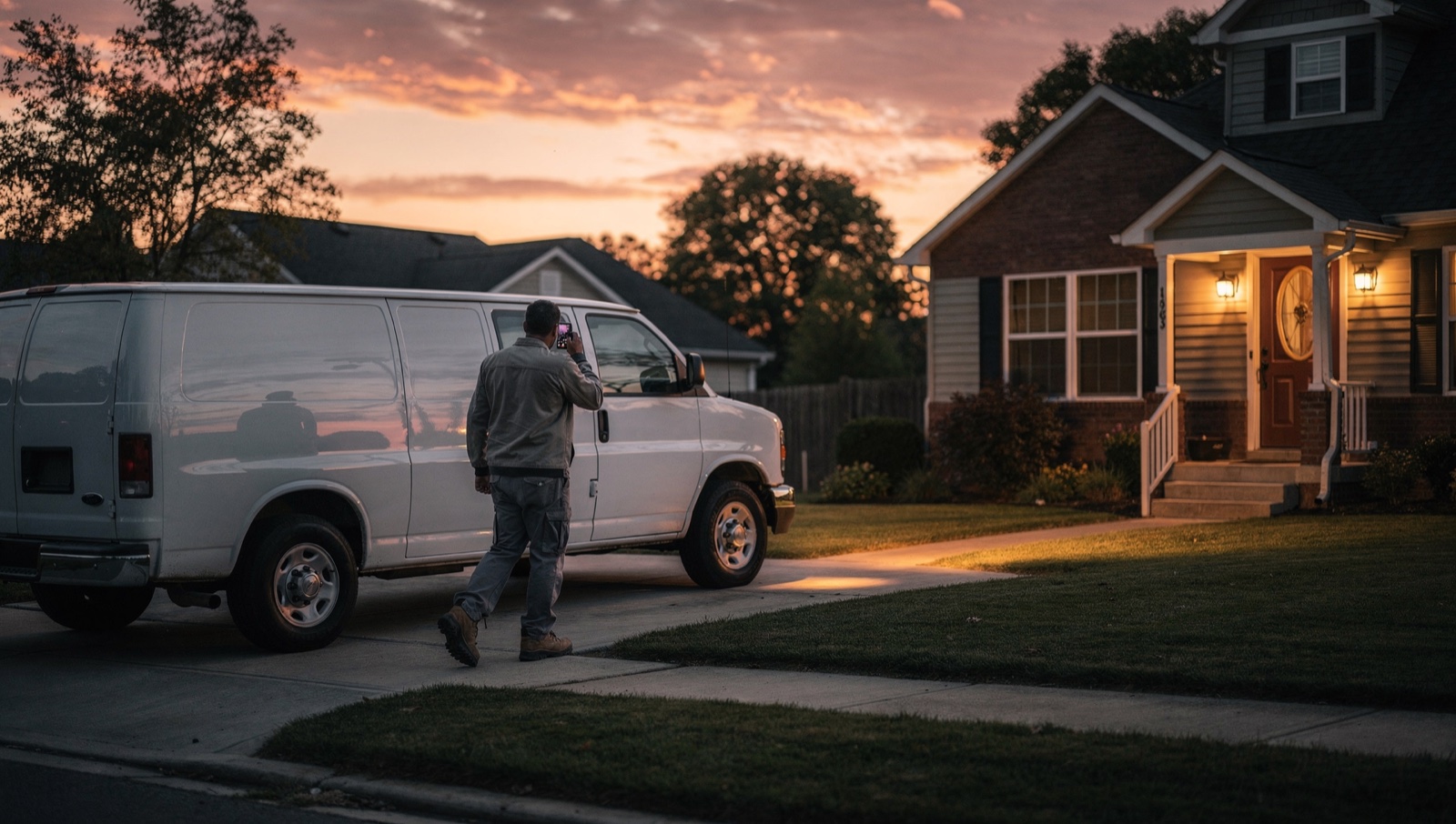 Service-van contractor walking up a residential porch at golden hour, smartphone in hand after taking a customer call